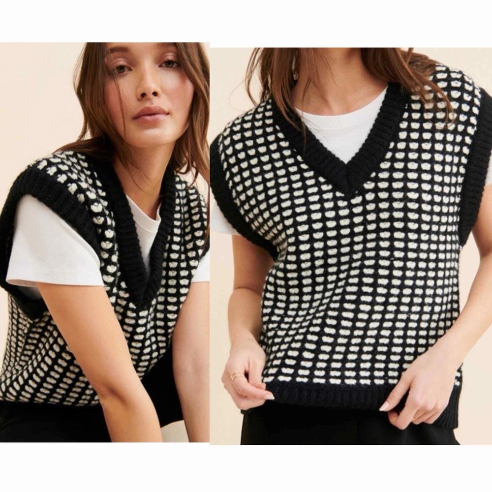 Find Me Now‎ Anthropologie Sz L Textured Chunky Sweater Vest Black White Preppy